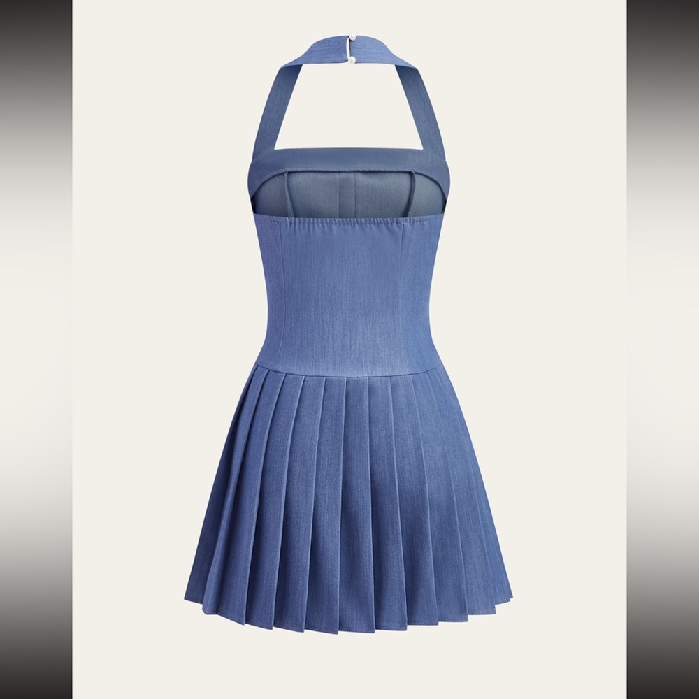 Metal Button Halter Neck Pleated Dress S - Picture 3 of 7
